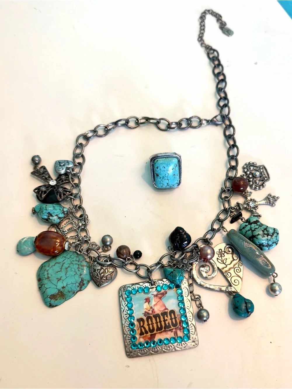 Vintage Yousi Turquoise Charm Statement Necklace with Matching Ring